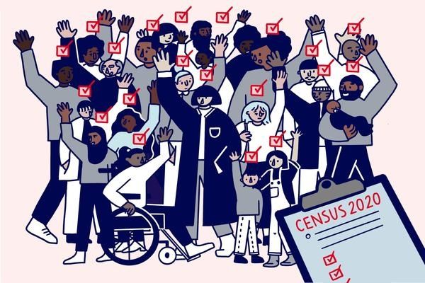Illustrated image of a diverse group of people with checkboxes above their head. In the corner is a checklist on a clipboard that says "CENSUS 2020".